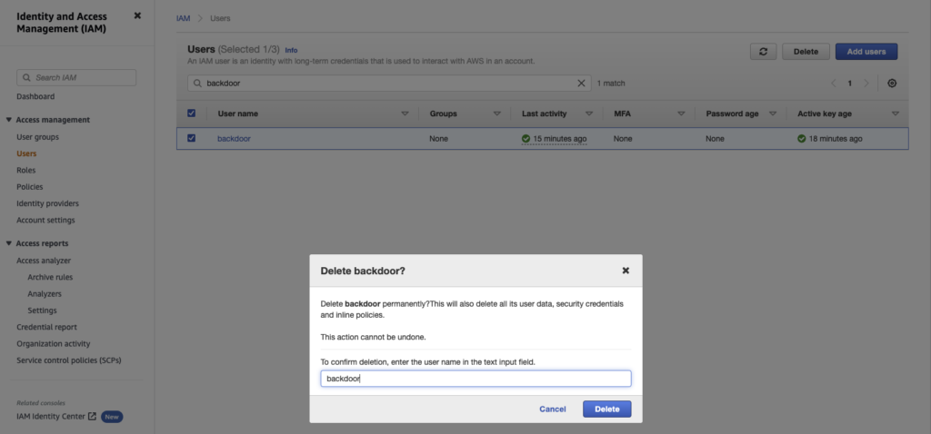 Confirming deletion in AWS Console
